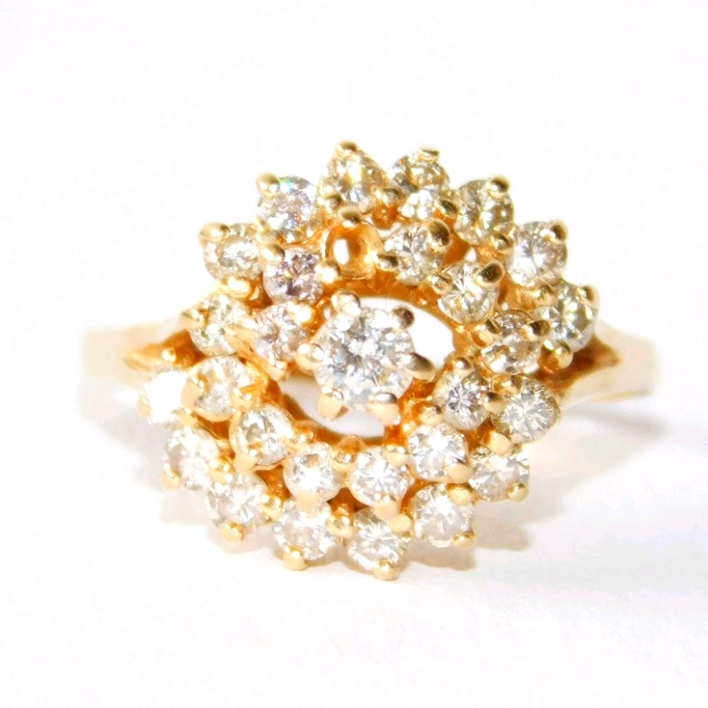 Estate 10K Solid Gold Real Diamond Large Cocktail Cluster Anniversary Ring 1+CT